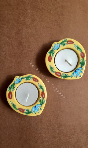 Light Yellow Blue Pottery Candle Holder