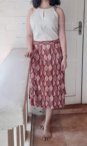Dark Red Leaf Print Cotton Skirt