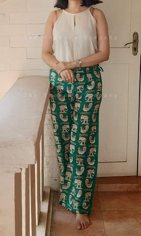 Green Animal Print Cotton Pants
