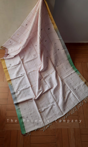 White & Baby Pink Handloom Cotton & Linen Saree
