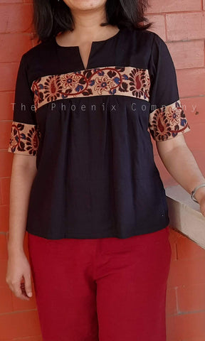 Black Cotton Top with Kalamkari Style Band