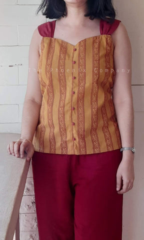 Ochre Yellow with maroon paisleys top