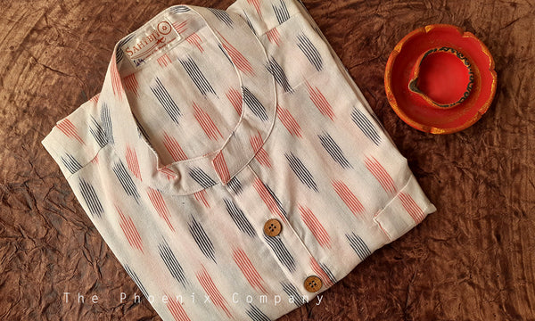 White & Red Ikat Cotton Short Kurta