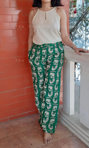 Green Animal Print Cotton Pants