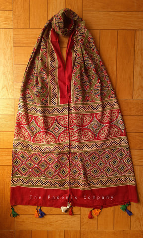 Red & Olive Green Ajrakh Stole with large motifs