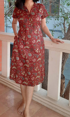 Maroon Floral Collared Dress