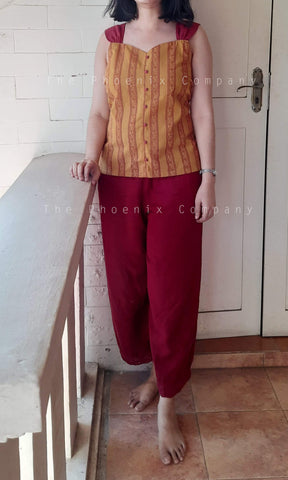 Ochre Yellow with maroon paisleys top
