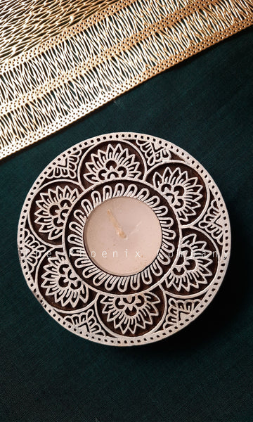 Circular Floral Wooden Candle Holder