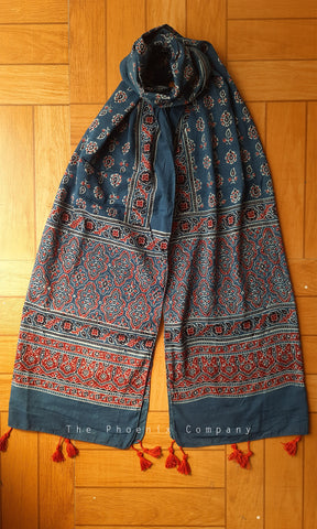 Blue & Red Ajrakh Stole with Paisley Floral motifs