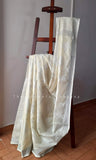 Light Yellow w/silver floral threadwork Jute Silk Saree