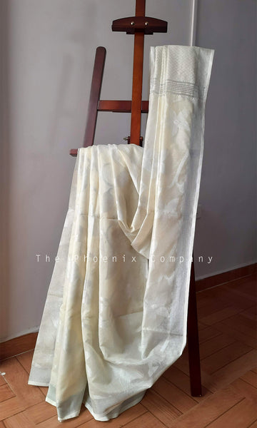 Light Yellow w/silver floral threadwork Jute Silk Saree