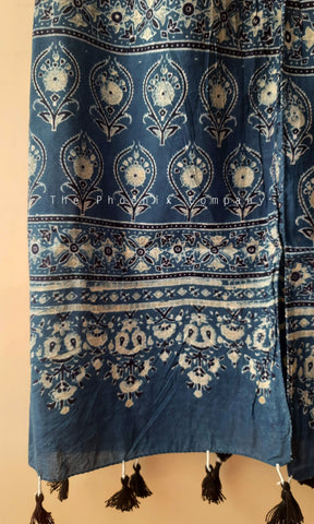 Blue Ajrakh Stole with Lotus motifs