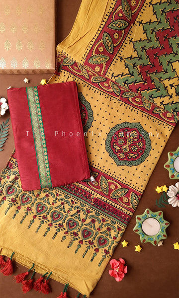 Raksha Bandhan Gift Hamper – Ajrakh Stole & Purse (Amaltas)