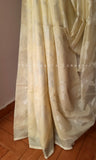 Light Yellow w/silver floral threadwork Jute Silk Saree