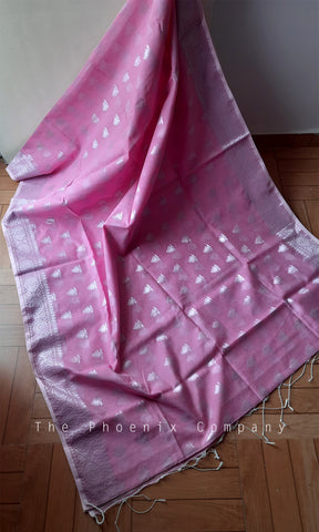 Pink with silver threadwork Jute silk Saree