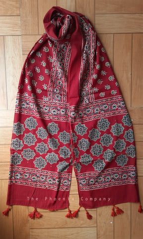 Red Ajrakh Stole with Olive Green Motifs