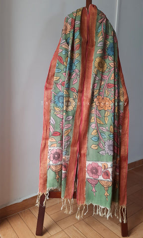 Light Green Floral Cotton Kalamkari Dupatta
