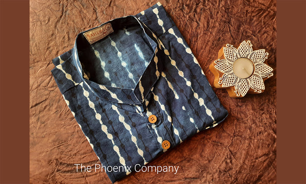 Indigo Cotton Striped Short Kurta with motifs