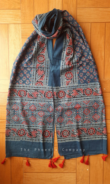 Blue & Red Ajrakh stole with flowers