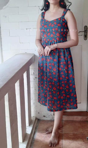 Blue with Red Florals Cotton Dress