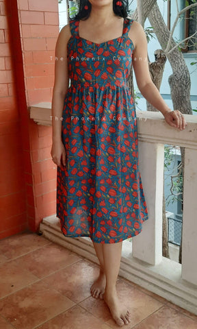 Blue with Red Florals Cotton Dress