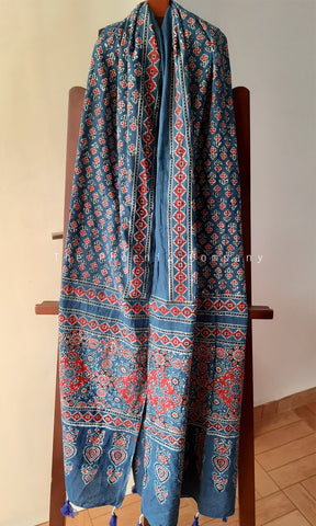 Blue Ajrakh Stole with Red Flowers