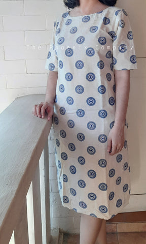 Off-white w/blue motifs Cotton Shift Dress