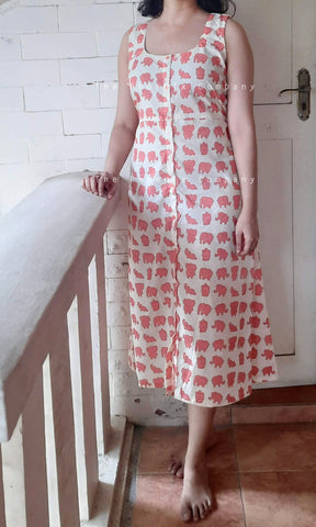Off-white with Peach Elephant Print Cotton Dress