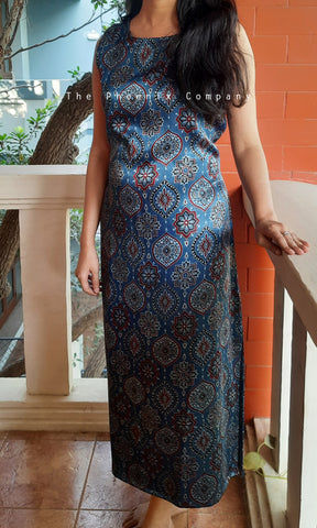 Blue Ajrakh Art Silk & Cotton Maxi Dress