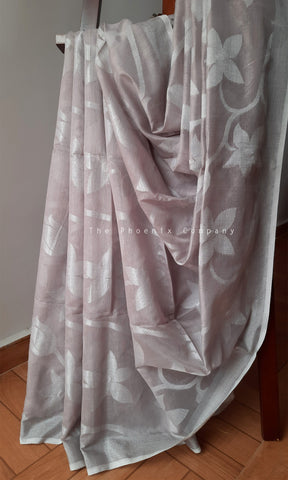 Muted Mauve w/silver floral threadwork Jute Silk Saree