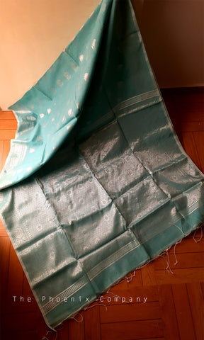 Teal Green with silver threadwork Jute silk Saree