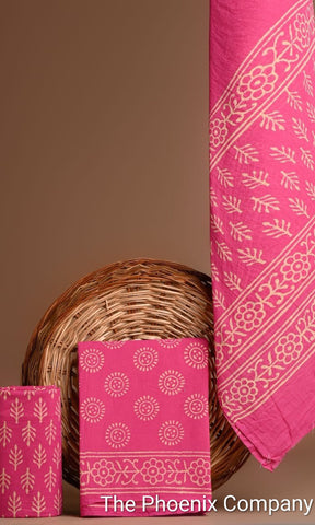 Bright Pink Bagru Cotton Salwar Kameez Material w/circular motifs