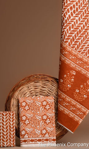 Rust Orange Bagru Cotton Salwar Kameez Material