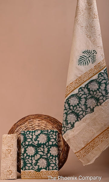Dark Green Bagru Cotton Salwar Kameez Material