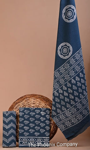 Deep Blue Bagru Cotton Salwar Kameez Material
