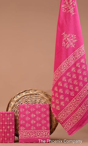 Bright Pink Bagru Cotton Salwar Kameez Material
