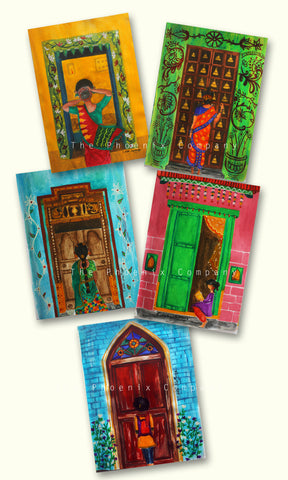 Five colorful art prints depicting traditional Indian doorways and figures, arranged on a light beige background. The prints feature vibrant colors like green, blue, pink, and orange, with a watermark reading 'The Phoenix Company' across the center.