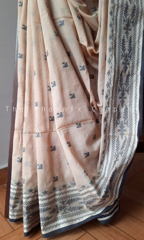 Light Beige Cotton Saree w/dark blue threadwork