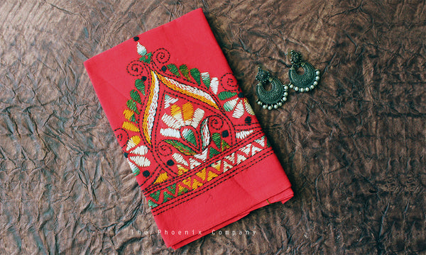 Red Kantha Work Blouse Piece