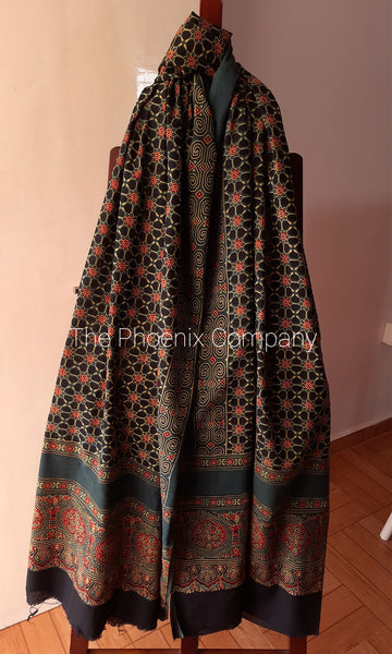 Dark Green and Black Floral pattern Ajrakh Dupatta