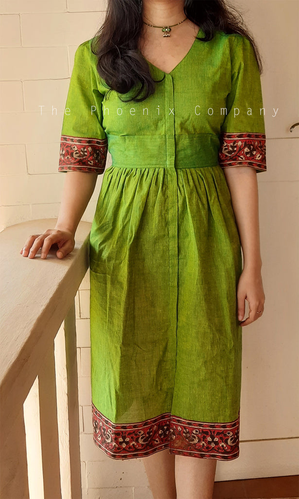 Leaf Green Cotton Dress with Kalamkari border Leaf Green Cotton Dress with  Kalamkari border