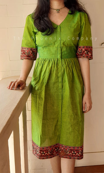Leaf Green Cotton Dress with Kalamkari border