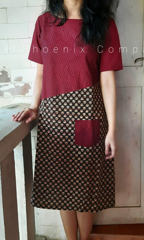 Maroon Pintuck & Floral Printed Cotton Dress