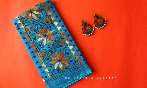 Blue Floral Circles Kantha Work Blouse Piece