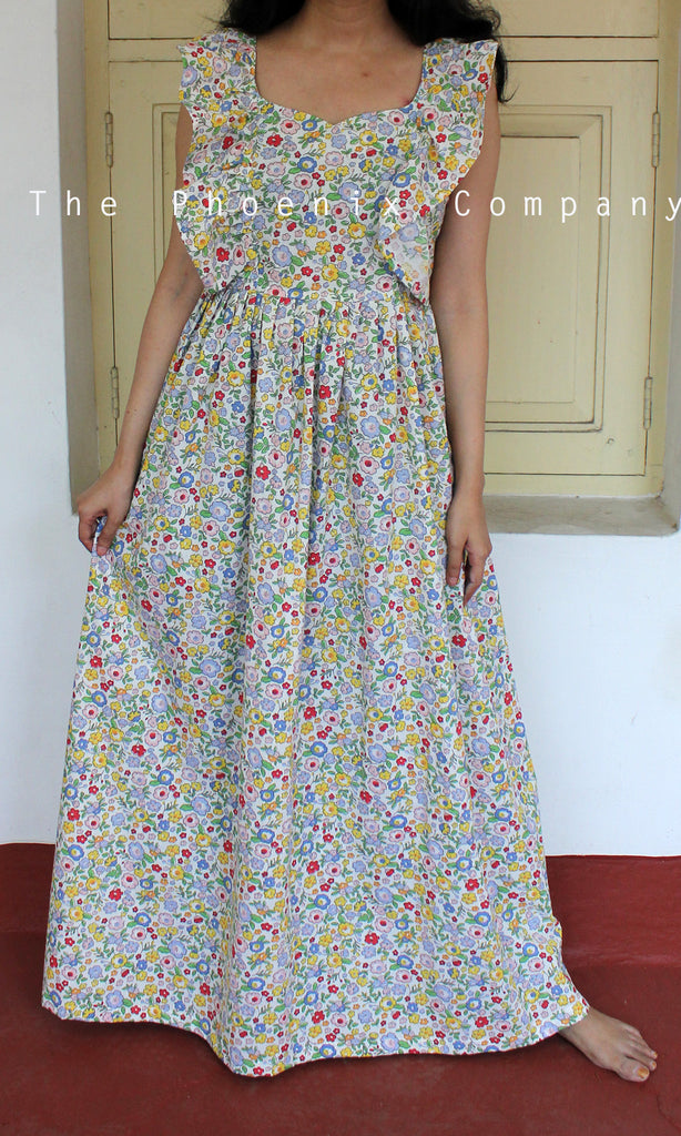 White Floral Printed Cotton Dress - Main Image