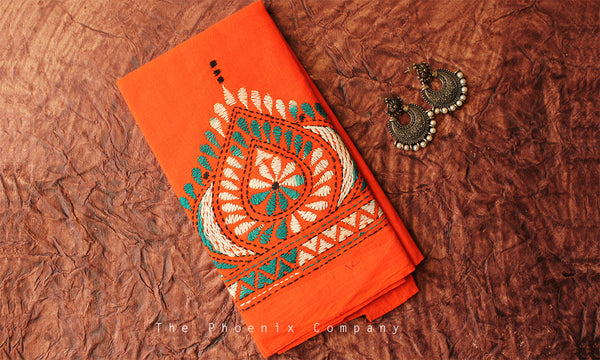 Orange Kantha Work Blouse Piece