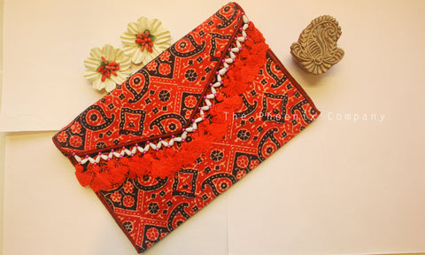 Red Ajrakh Sling Purse with Tassles