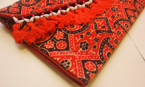 Red Ajrakh Sling Purse with Tassles