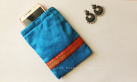 Blue & Red Zari Cell Phone Pouch