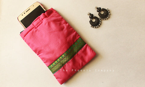 Pink & Green Zari Mobile Phone Pouch